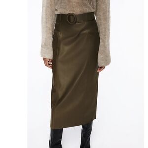 Zara Faux Leather Pencil Midi Olive Green size S NWT